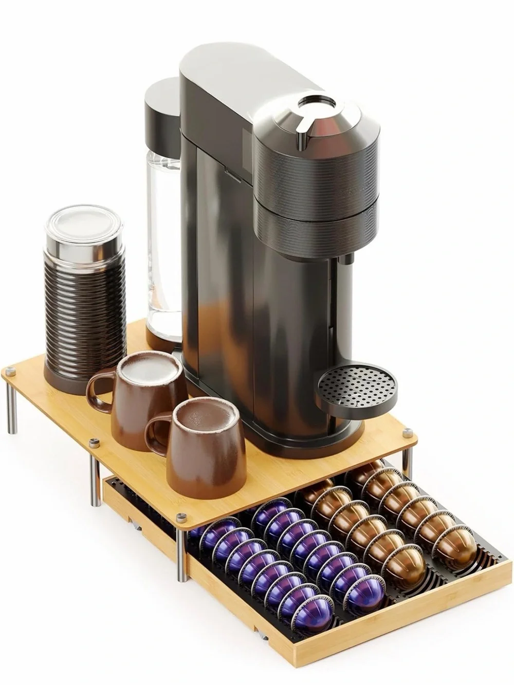 SpaceAid Bamboo Coffee Pod Holder Stand with Drawer and Black Nespresso Tray